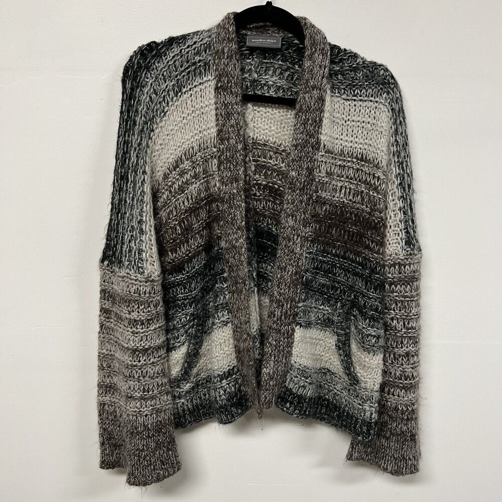 Wooden Ships Lagenlook Cardigan S/M Chunky Knit Striped Mohair Wool Open Front